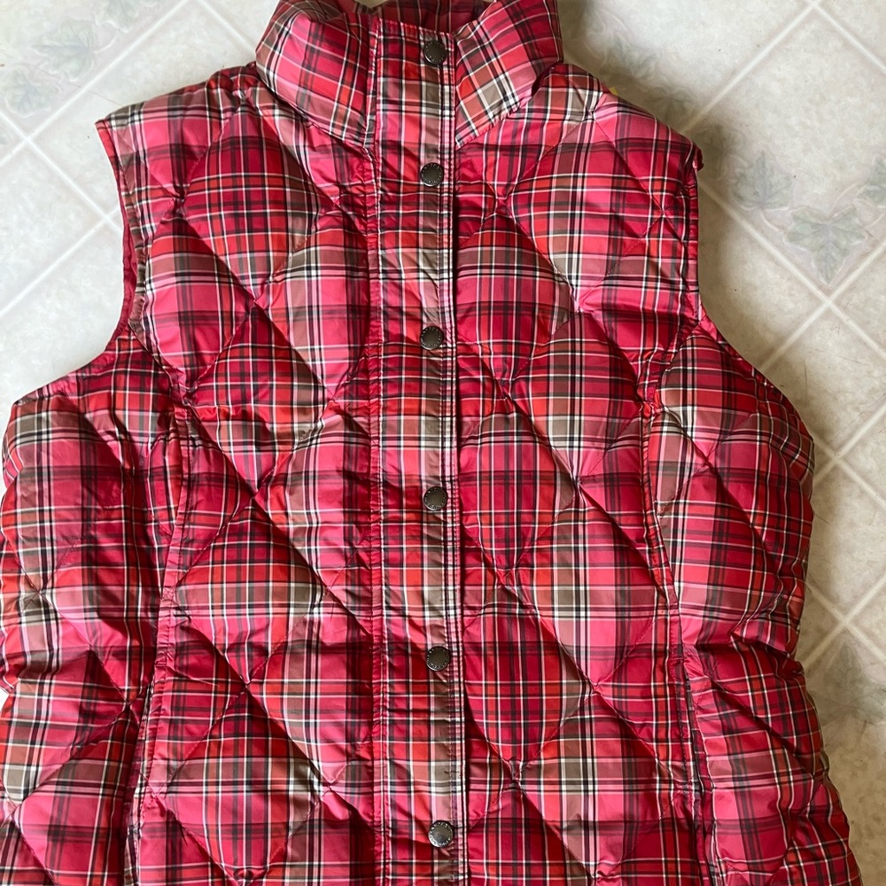 Lands' End Red Brown Plaid‎ Down Snap Front Puffer Vest